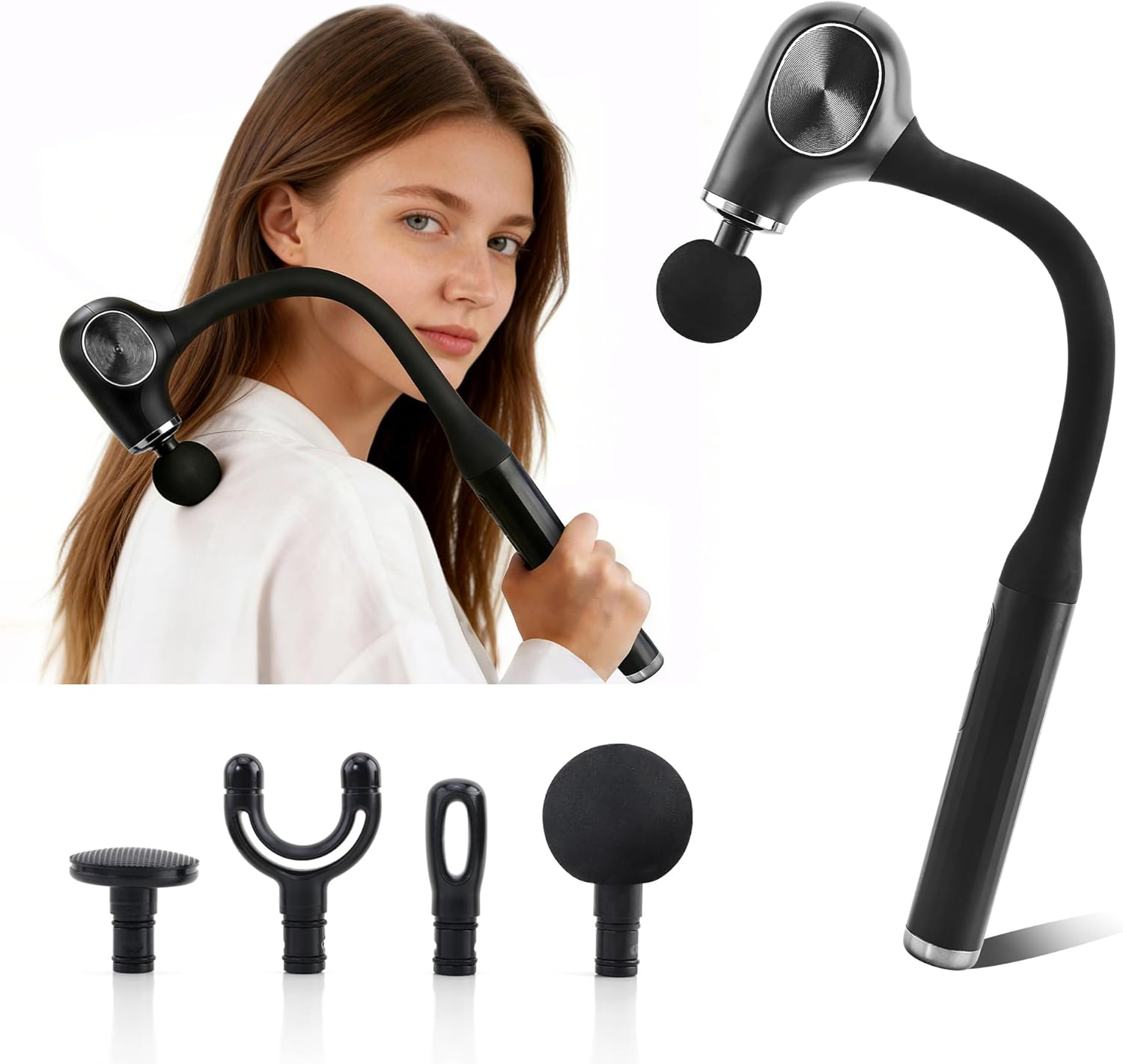 Brushless Motor Massage Gun with Upgraded Extension Handle, Back Massager for Pain Relief Deep Tissue with 4 Massage Heads & 5 Speed Levels & 3 Massage Modes, Black Silver