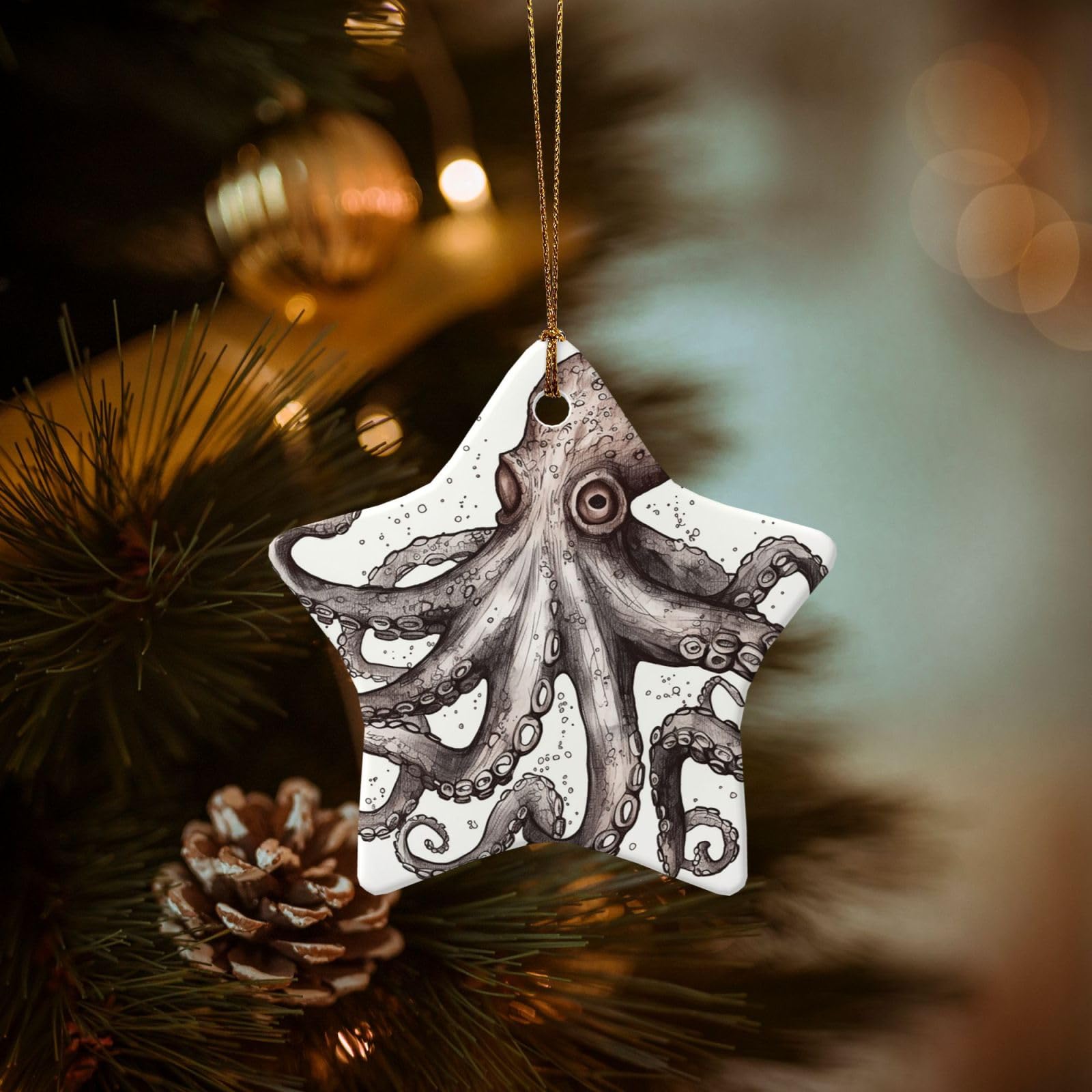 Christmas Ornaments for Christmas Tree Decoration Hanging Octopus Ornament with Gold Ribbon Crafts Star Shape Ceramic Pendant for Keepsake Gifts Xmas Decor Party Supplies