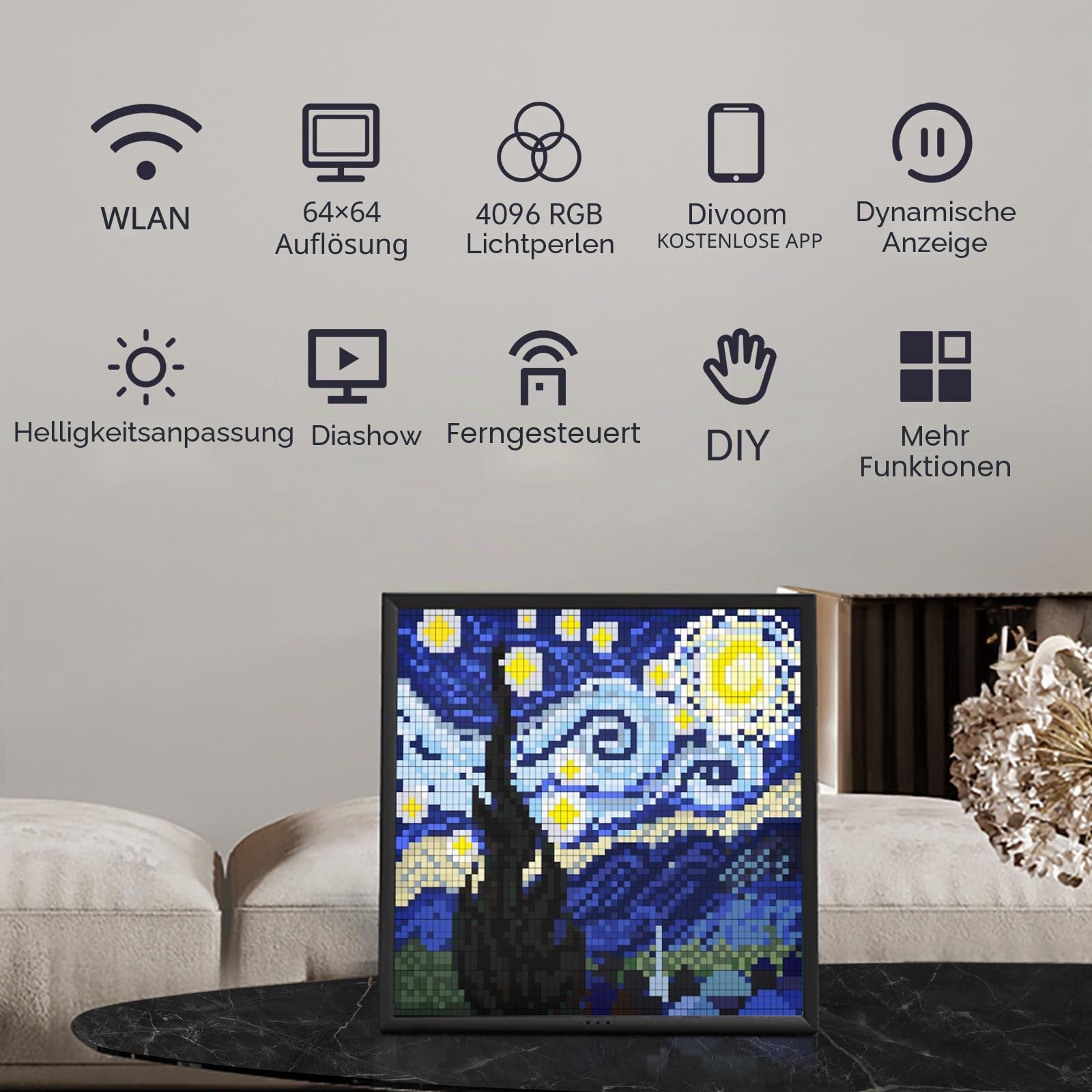 Divoom Pixoo-64 WiFi Pixel Art Display mit einem 64x64 LED Panel, einzigartige Beleuchtungsdekoration mit App-Steuerung