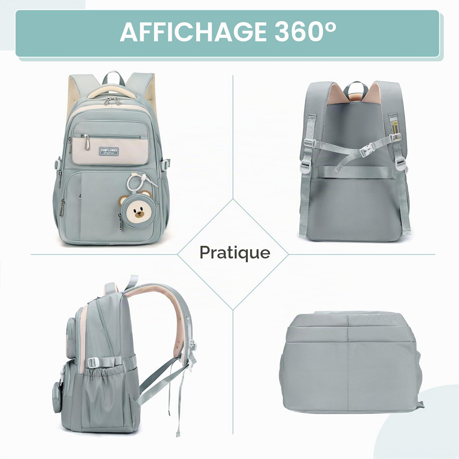 Amythe Sac à Dos pour Enfants de L'école Primaire CM1 CM2, 40L Cartable Fille Collège, Grand Sac Ecole pour Filles de 10 à 18 Ans avec Joli Porte-monnaie, Adapté aux Chariot