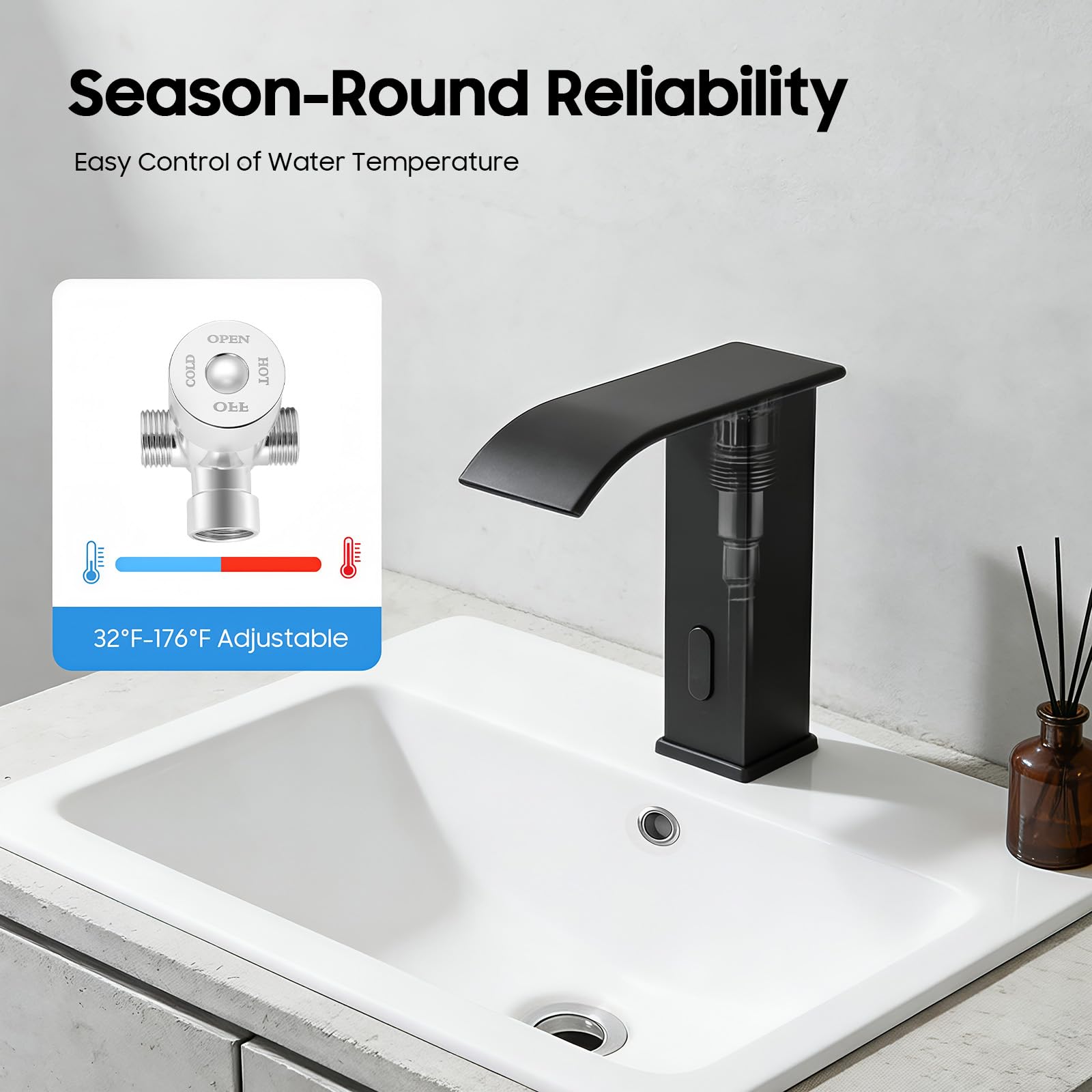 Miscelatore per lavandino da bagno con cascata acqua calda/fredda, rubinetto con sensore a infrarossi e regolazione della temperatura per lavandini da bagno e cucina (nero)