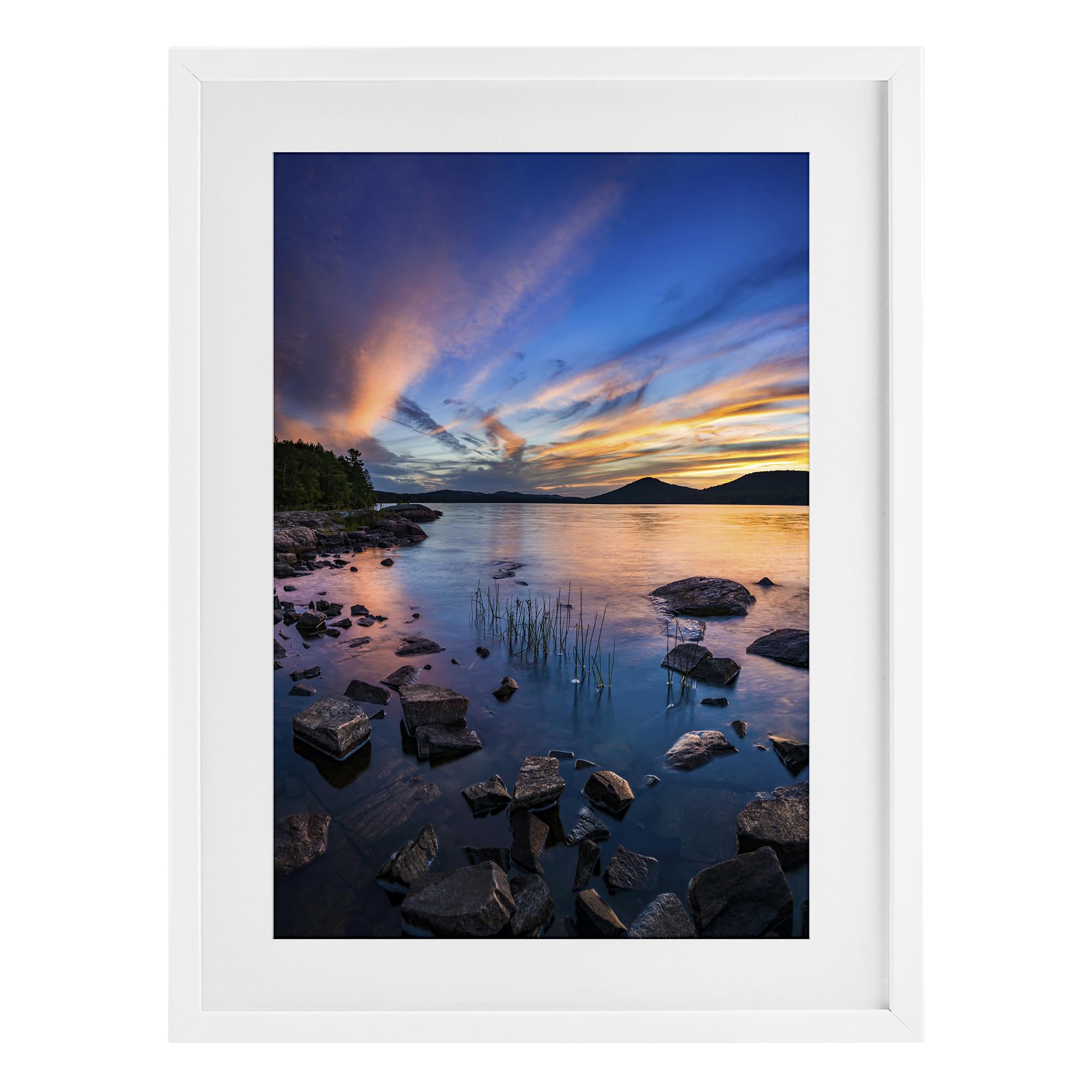 Stupell Industries Coastal White (Textured) Sunrise On Piseco Lake Serenity, 14 X 20 Inch Framed Print Under Glass