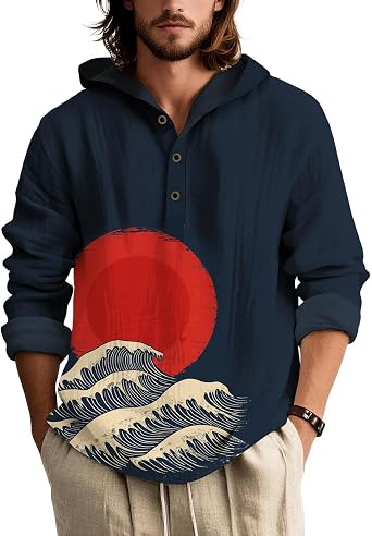 Hooded Long Sleeve Shirt for Men Retro Graphic Quarter Button Pullover Top Casual Fall Hippie Streetwear Shirt