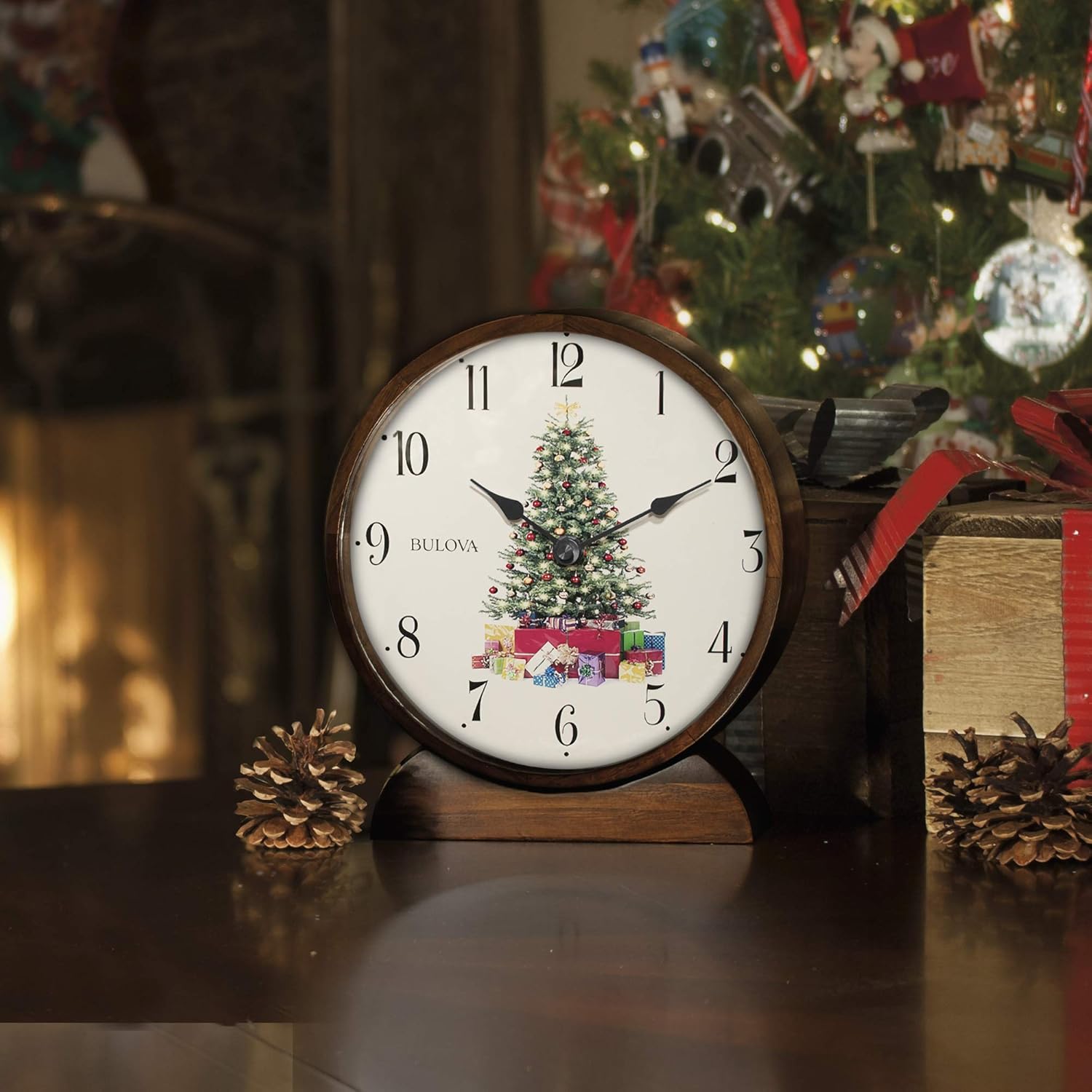 Bulova B1866 Holiday Sounds Mantel Clock, Walnut Stain 9.5 x 8.5 x 2 inches