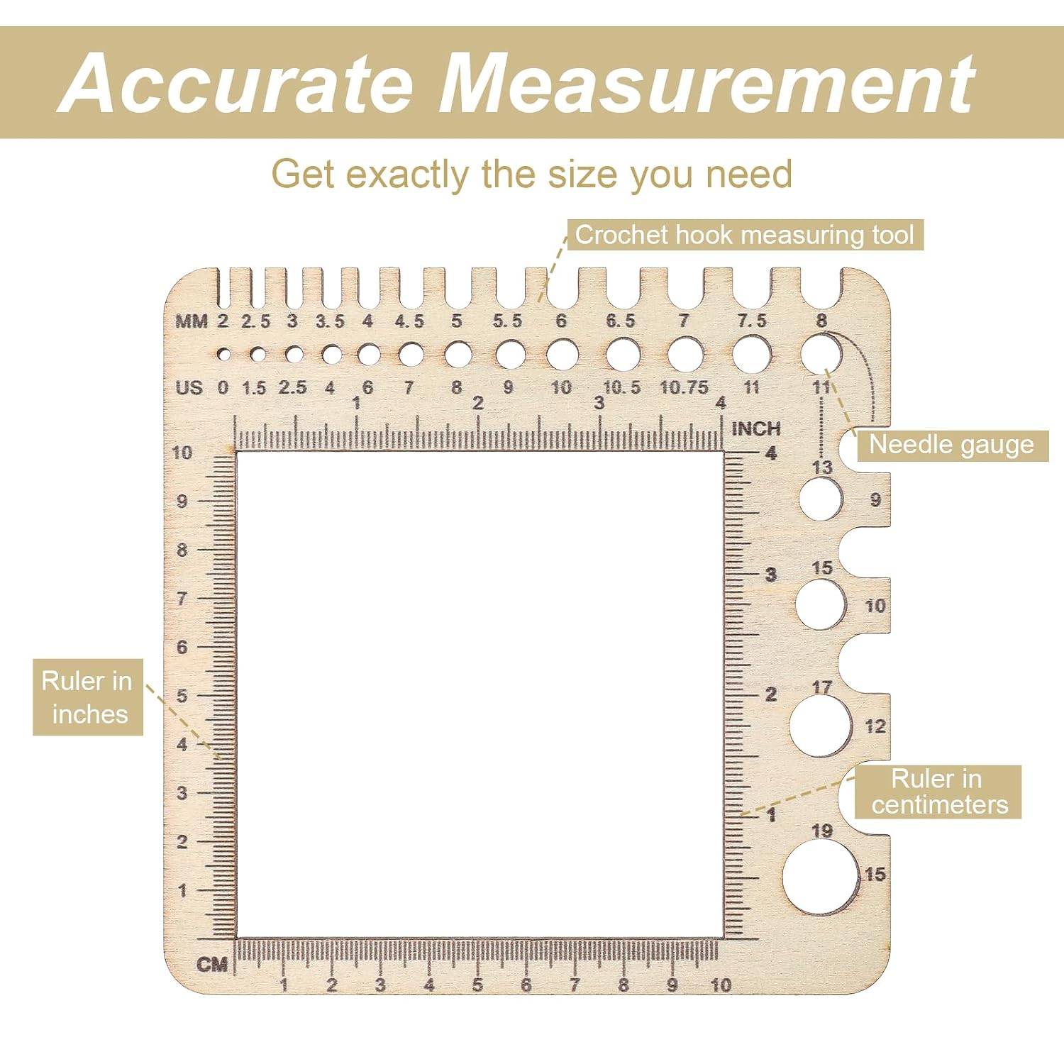 1 Pcs Wooden Knitting Crochet Gauge Ruler, Boxwood Needle Sizer Stitch Counter Spinner Yarn Measure Tool with Circular Ruler & Rectangle Sizer for Craft (15cm/5.9inch)