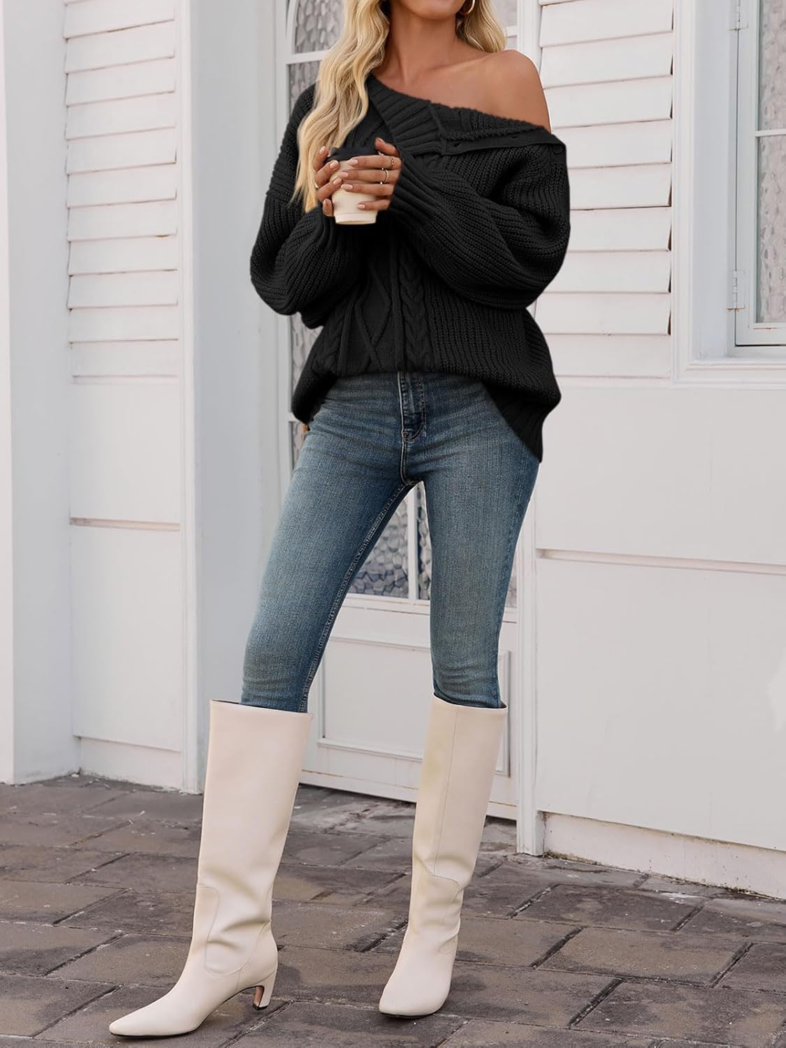 Saodimallsu Womens Oversized Cable Knit Sweaters 2025 Fall Winter Trendy Button Up Turtleneck Chunky Pullover Sweater Tops - Image 5