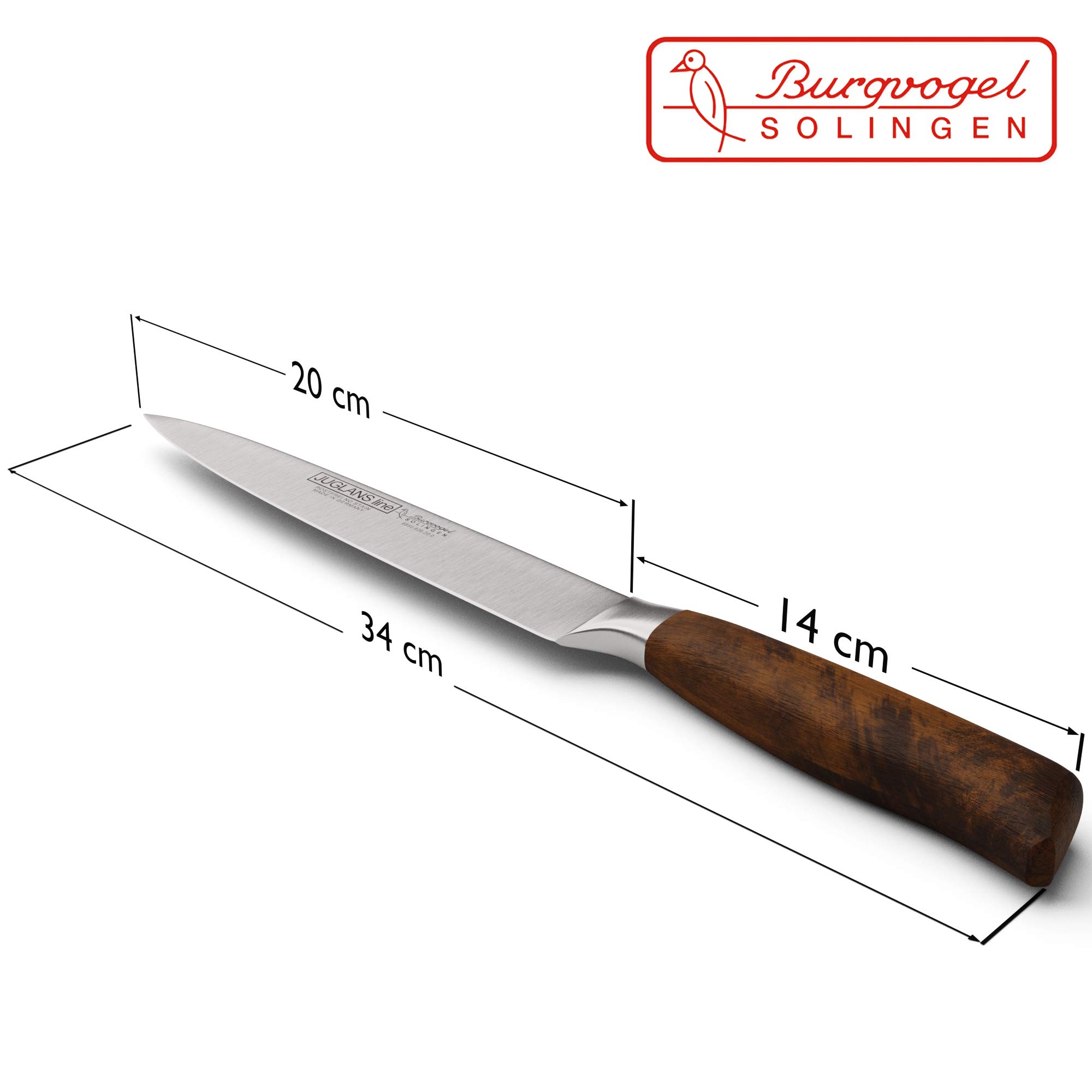 Burgvogel Solingen Juglans Line Tranchiermesser Walnussholz geschmiedet 20 cm, rostfrei, scharfes Schinkenmesser, dunkel, premium