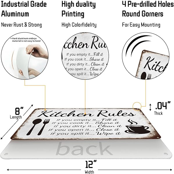 Kitchen Rules Metal Funny Aluminum Sign Wall Decor for Kitchen, Dining Room, Cafe - 8x12 Inches Vintage Kitchen Decorative Sign with Humorous Rules (25199) - 3