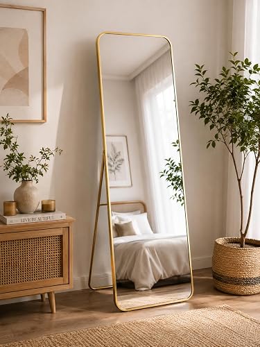 Golden Floor Mirror Set of 2, 146 x 37 cm | Full-Length, Gold Frame, Freestanding Stand, Rounded Corners, Bedroom Mirror