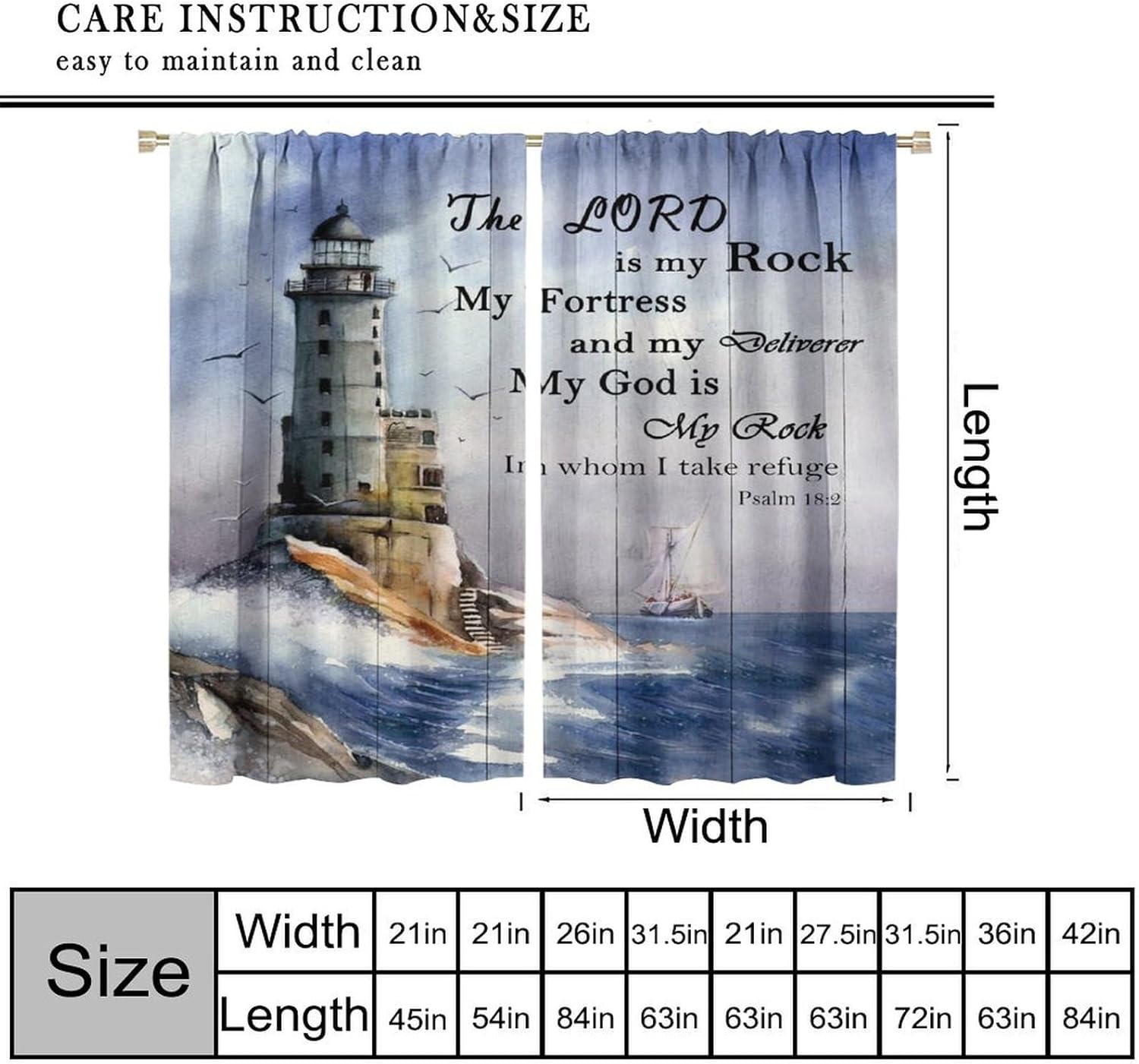 Lighthouse Blackout Curtains, Blue Watercolor Ocean Coastal Waves Nautical Decor Window Treatments, Bible Verse Rod Pocket Drapes for Bathroom Living Room, 42x54in