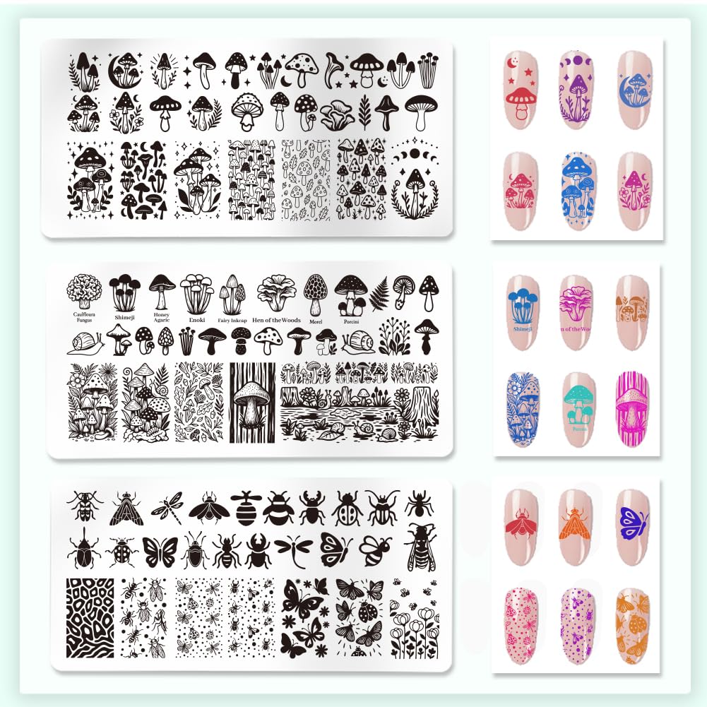 PH PandaHall 3pcs Mushrooms Patterns Nail Stamping Plates Insect Theme Nail Art Stencils Plants Leaves Manicure Art Templates Butterflies Flower Nails Image Plates for Women Manicures DIY Design Print - Image 3