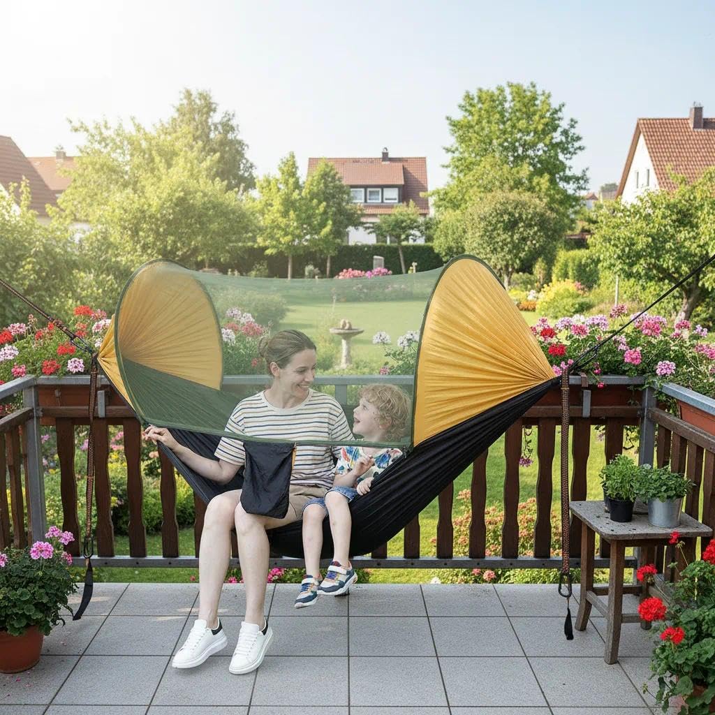 Familien Hängematte mit Moskitonetz, Sonnenschutz & Windschutz, Ultraleicht für 2 Personen, Eltern mit Kind, Garten, Balkon & Camping,200 kg Tragkraft, 290×140 cm (Gelb-Schwarz)