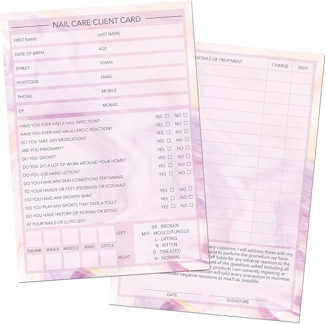 Nail Care Client Cards A6 Size - Salon and Therapist Customer Consultation Record - Treatment Services Essentials - Profile and Recording Forms - Beauty Stationery - 105x148mm - Pack of 100