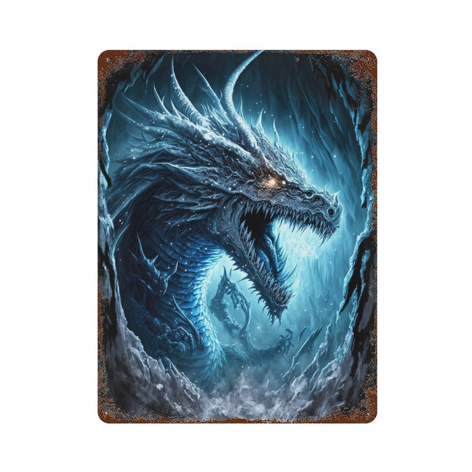 Blue Ice Dragon Fantasy Artwork Weathered Tin Sign 15.7"x11.8", Decorative Metal Wall Art for Garage, Bar And Workshop Decor