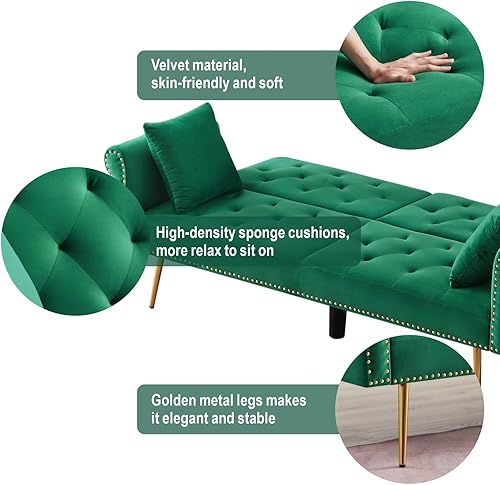 Miniatura 3 de Sofá cama futón de terciopelo, sofá cama plegable convertible con 2 almohadas, sofá biplaza reclinable copetudo de 73 pulgadas con patas de metal