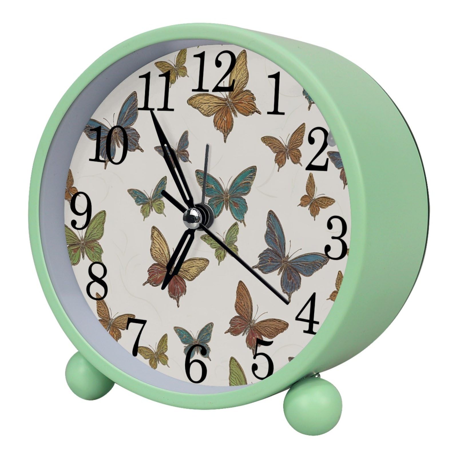 etoenbrc Butterfly Round Battery Operated Bedside Alarm Clock Non-Ticking Desktop Silent Analog Alarm Clock with Light