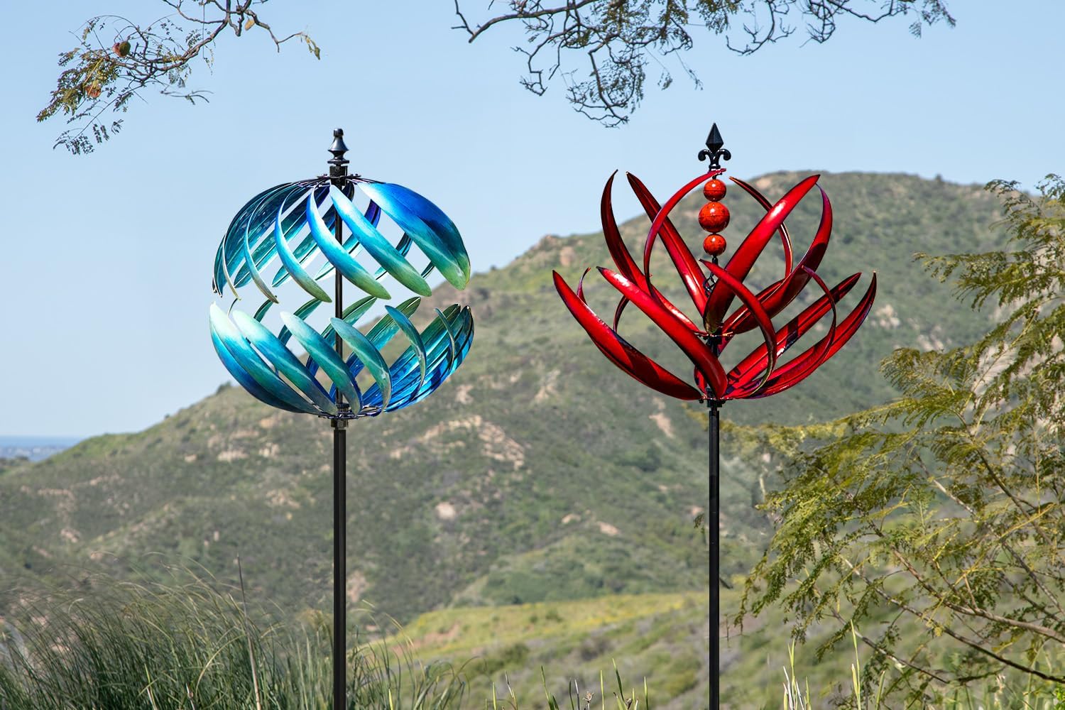 LimeHill Burgundy Lotus Wind Spinner and Vibrant Blue Wind Spinner