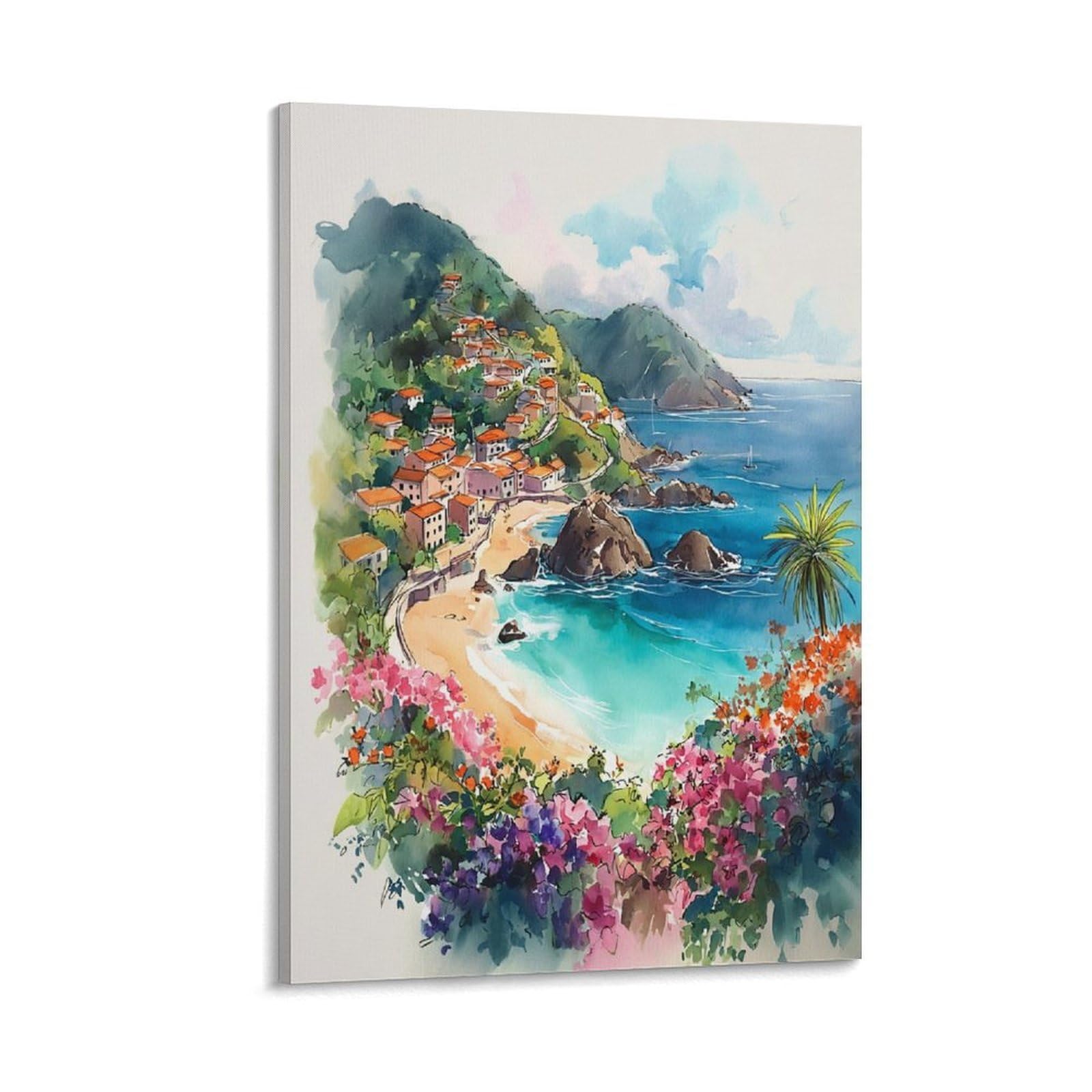 LCYNNH Grenada Watercolor Painting Caribbean Travel Art 16x24inch(40x60cm) Print Home Bedroom Office Living Room Decor Canvas