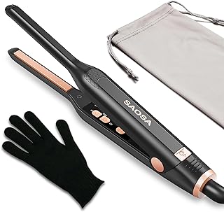 SAOSA Pencil Flat Iron for Short Hair, 3/10 Inch Mini Hair Straightener with 9 Temp Settings (190°F-430°F), Dual Voltage Mini Flat Iron for Pixie Cut, Bangs, Edges, Curling, Gift with Pouch & Glove