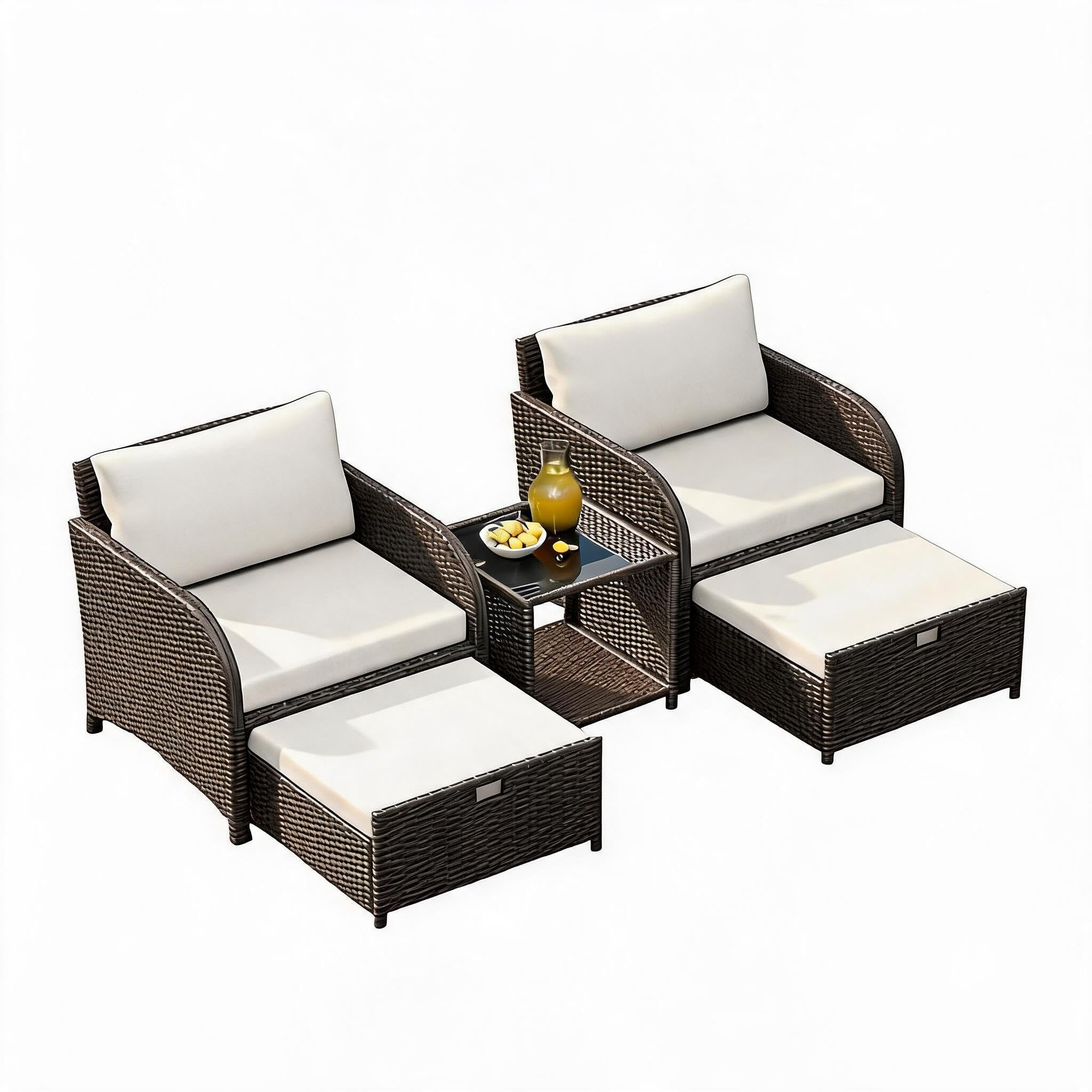 IDEALHOUSE Rattan Gartenmöbel Set Mit 5-Teiliges, Balkonmöbel Mit 71cm Breiter Sitzfläche, Wetterfestes 2 Loungesessel Mit Hocker&Tisch, Dicke Polster Rattansessel, Terrassenmöbel, Gartenmöbel-Beige