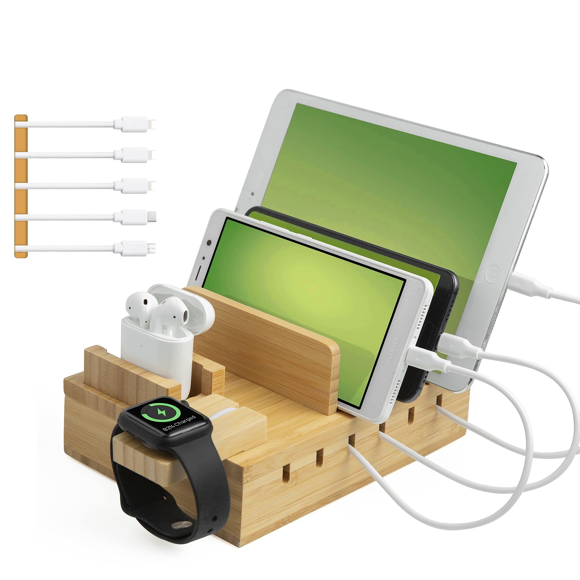 Station De Charge Bambou 6 Ports USB - Support Réglable Pour Téléphone Et Tablette - Boîte Rangement Bureau Salon Maison