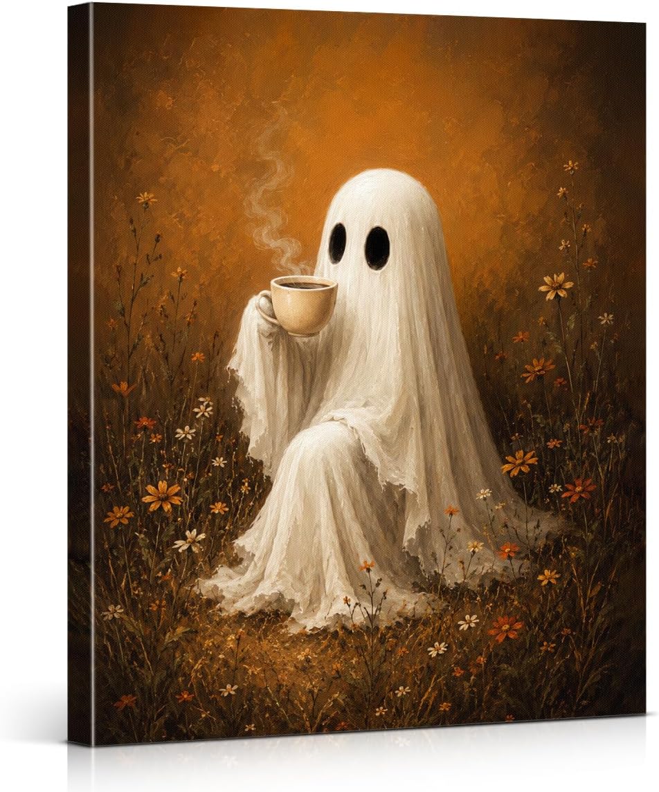 Vintage Halloween Ghost Wall Art, Cute Ghost Drinking Coffee Fall Poster, Autumn Floral Canvas Prints for Living Room Bedroom Bathroom Wall Decor 8x10 Inches Framed