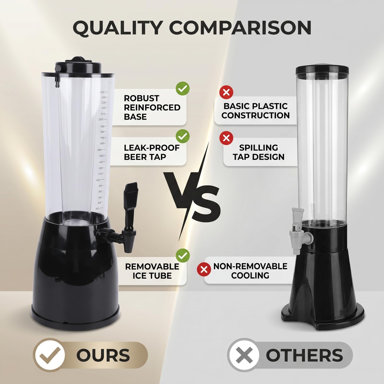 Socobeta Distributeur de Boissons avec Tube à Glace, Tour à Bière éLégante de 2,5 L pour les Fêtes, Usage Domestique en Plastique (Noire)