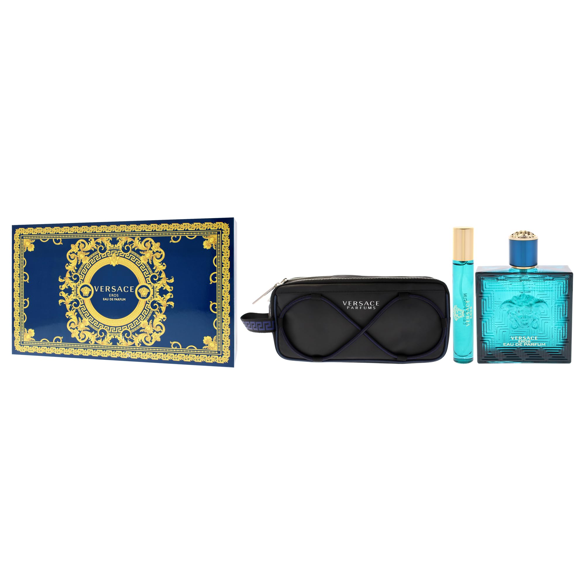 Versace Eros Eau de Parfum set regalo 2025-100 ml EDP, spray da viaggio e borsa per articoli da toeletta