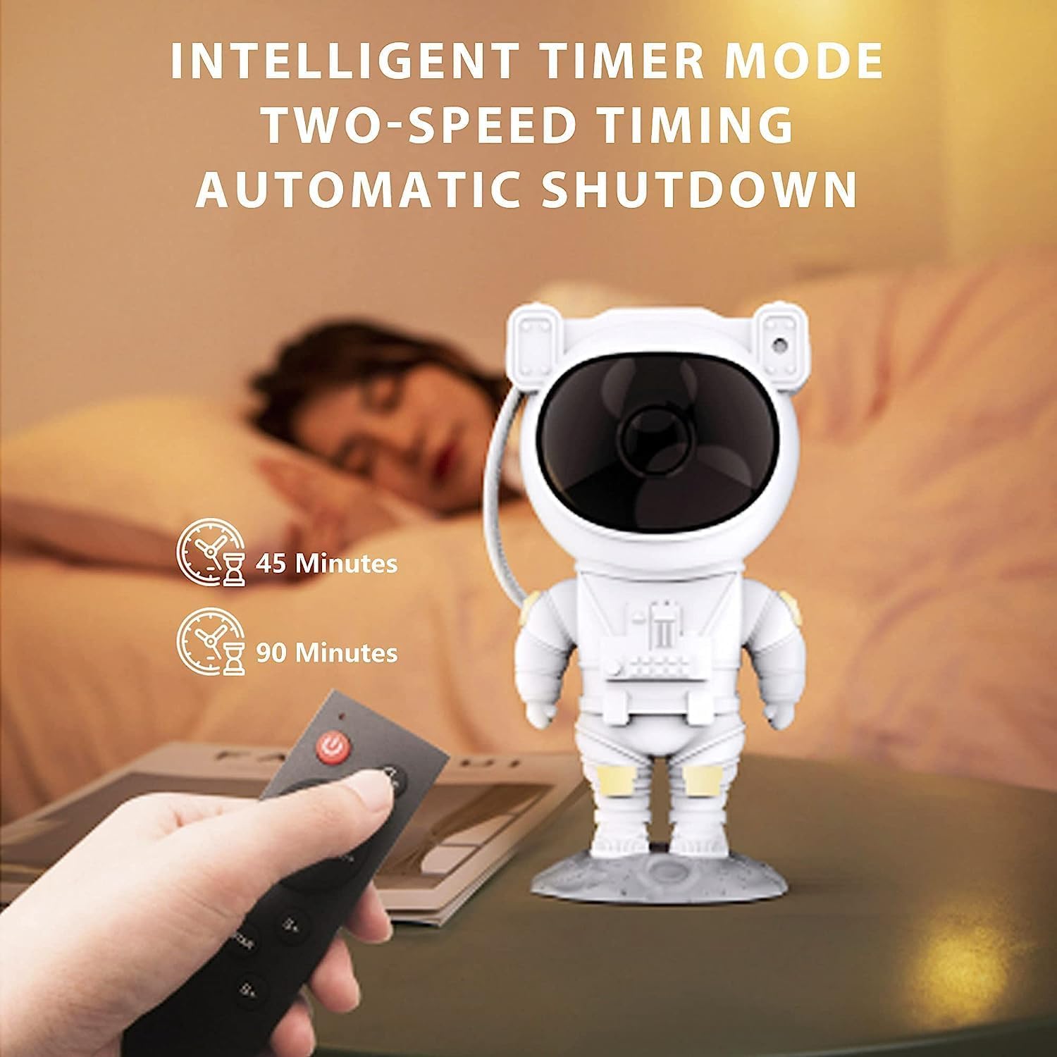 Astronaut projector with a remote control, illustrating the intelligent timer mode with options for 45 and 90 minutes automatic shutdown.