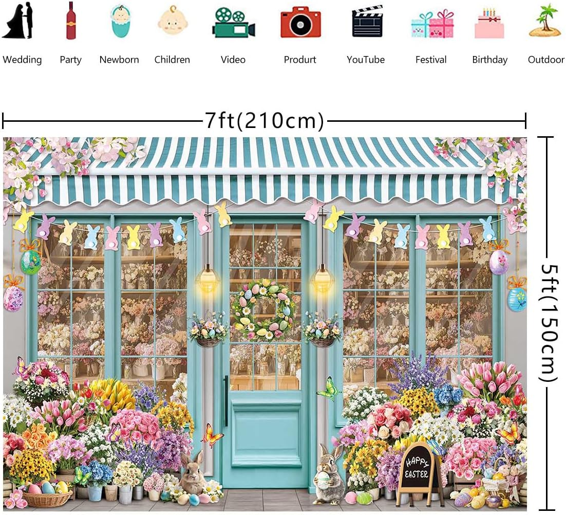 Easter Bunny Shop Backdrop Spring Flowers Shop Happy Easter Day Photoshoot Background Colorful Tulips Floral Market Party Decoration Banner Booth Props (7x5FT(82 x 59 inch))