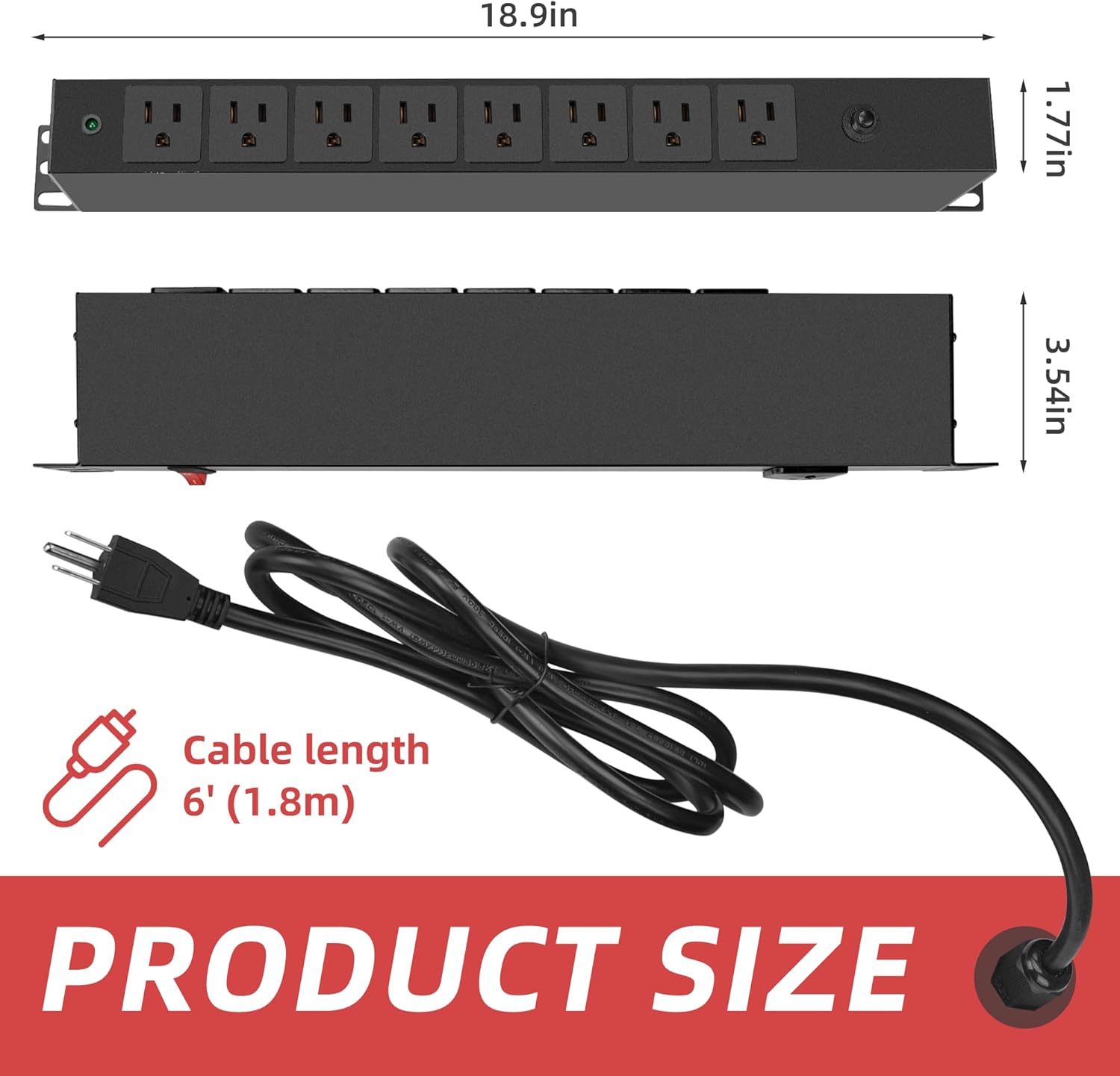 8 Outlet PDU Rack Mount Power Strip with Surge Protector, 1U Rackmount,Wide-Spaced Sockets, for Network Server Racks, Garage, Home Office, Data Center - 120V/15A, 1800W (6 FT Cable)