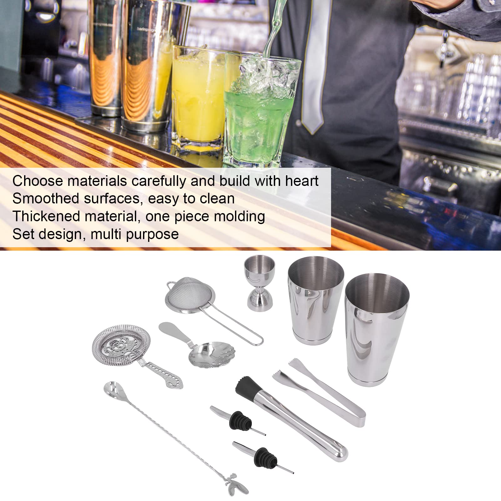 AMONIDA Cocktail Shaker Set en Acier Inoxydable, Outils de Mélange (SILVER)