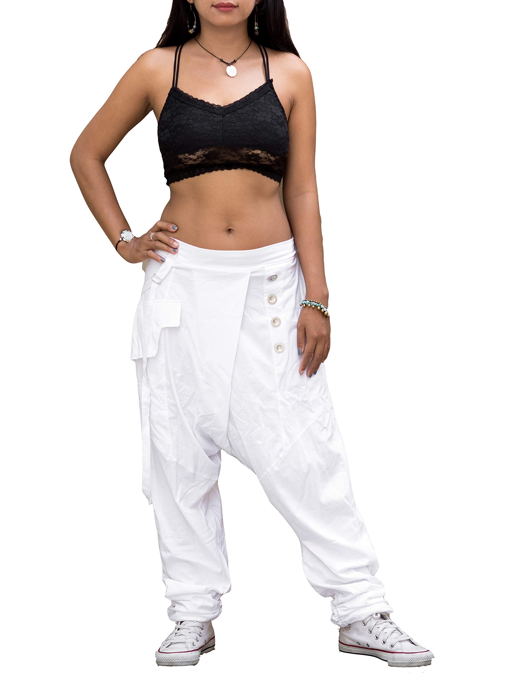 Thaluta Women's Harem Lounge Pants with Pockets Drop Crotch Yoga Cotton Elastic Waist Baggy Trousers White