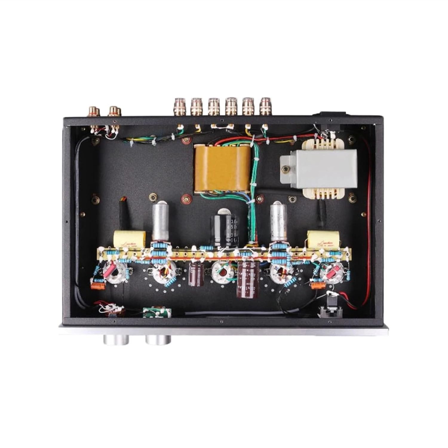 Internal view of the Emoryseric KT88-K1 tube amplifier, showing hand-wired components and circuit board.