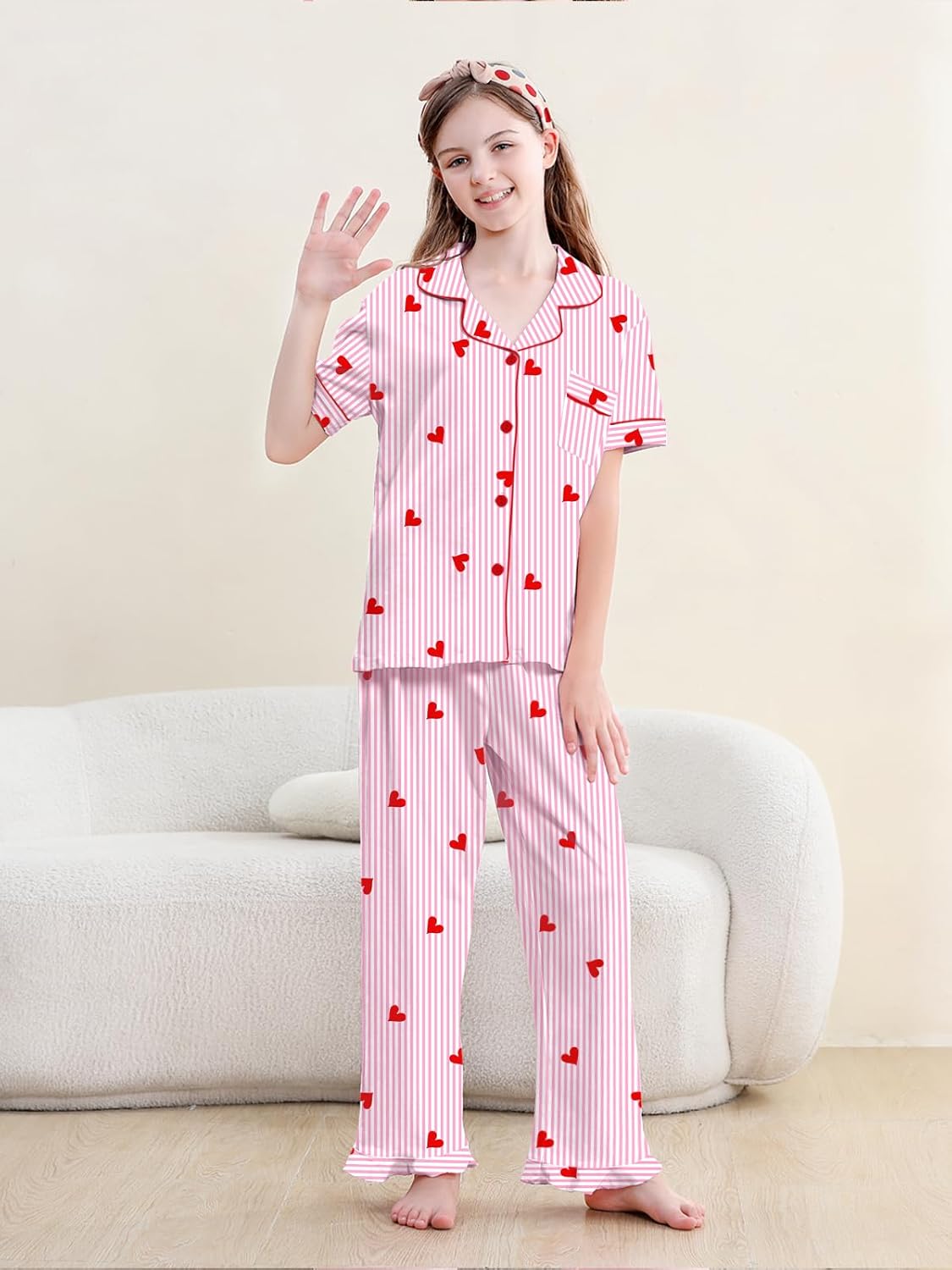 QZH.DUAO 3 Piece Girls Pajama Sets 100% Cotton Ruffle Long Pants with Shorts Sleepwear 3pcs Button Down PJs 5-14 Years - Image 6