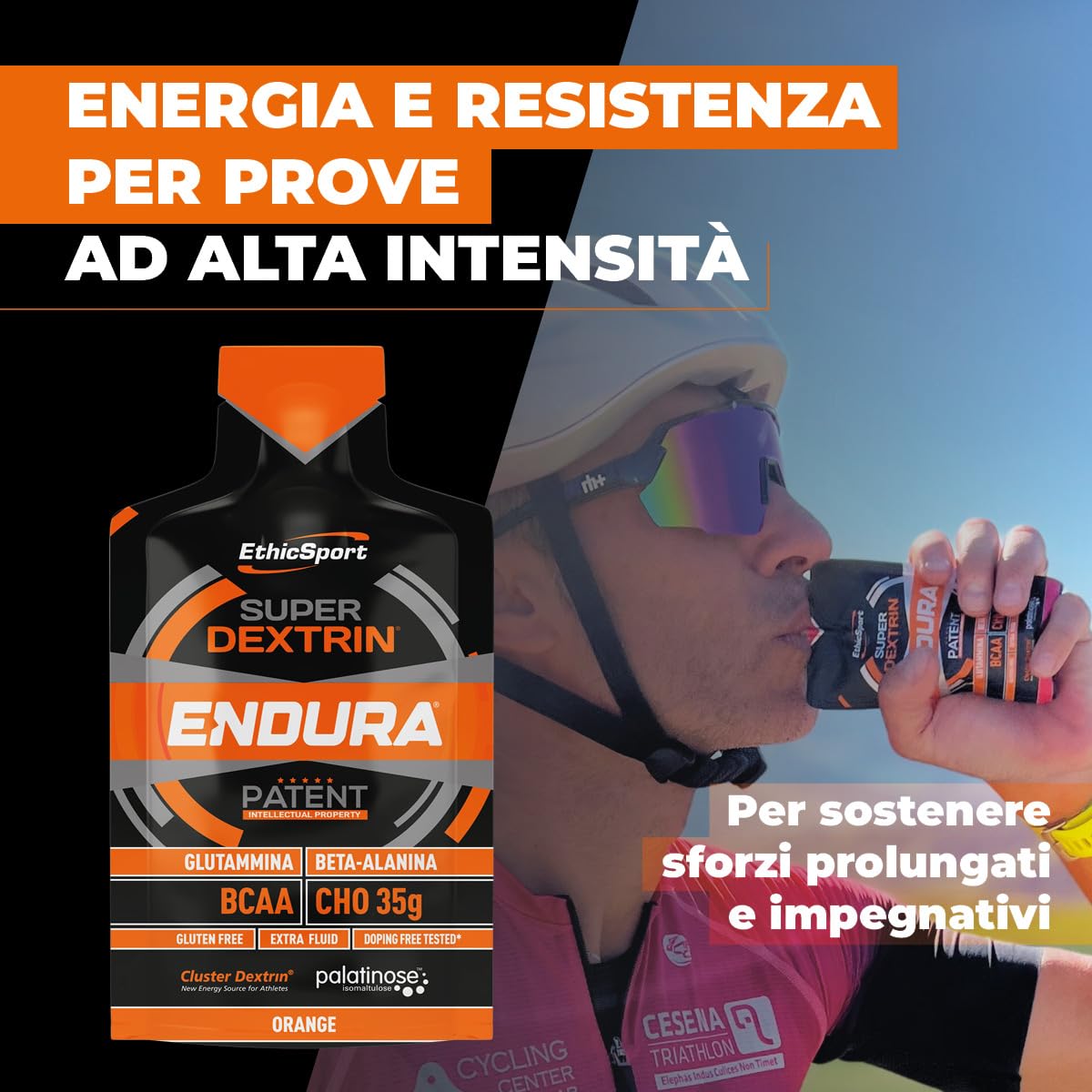 Super Dextrin ENDURA EthicSport – Gel energetico con carboidrati differenziati ed evoluti (Cluster Dextrin e Palatinose) – Senza caffeina - Confezione da 15 x 60 ml - Gusto Arancia