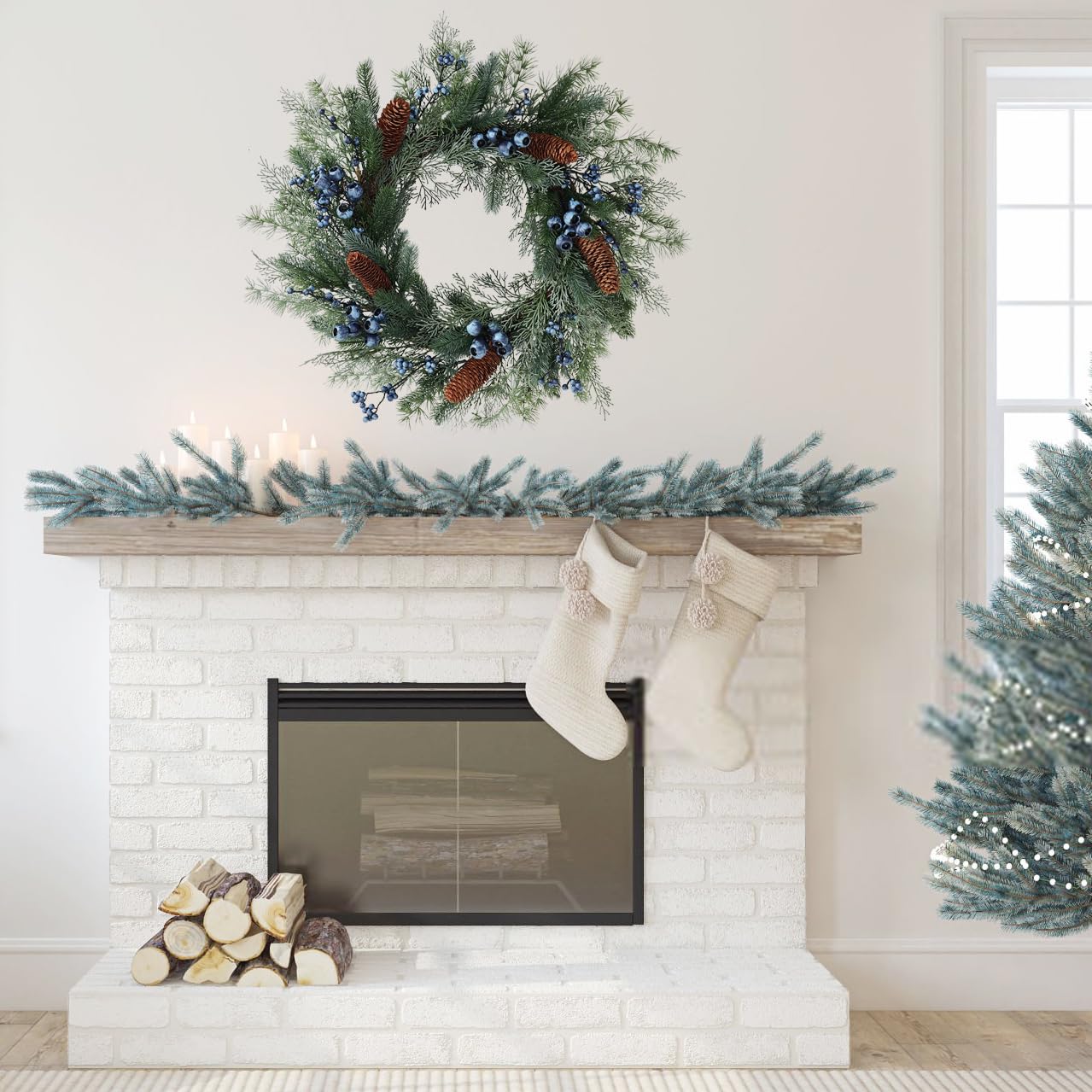 Corona de invierno de pino de bayas azules de 61 cm con cedro de ciprés Norfolk y piña, coronas de Navidad artificiales para puerta delantera, porche, pared, ventana, porche, chimenea
