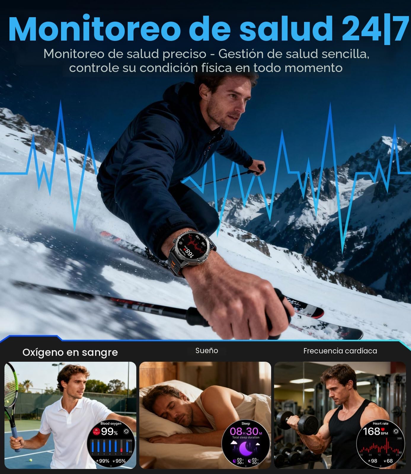 Reloj Inteligente Hombre con Llamadas/Batería 1000 mAh para Android iOS, 1,53" HD Grande Smartwatch Militar con Frecuencia Cardíaca/129 Modos Deportivos, IP68 Resistente al Agua, Linterna,Negro