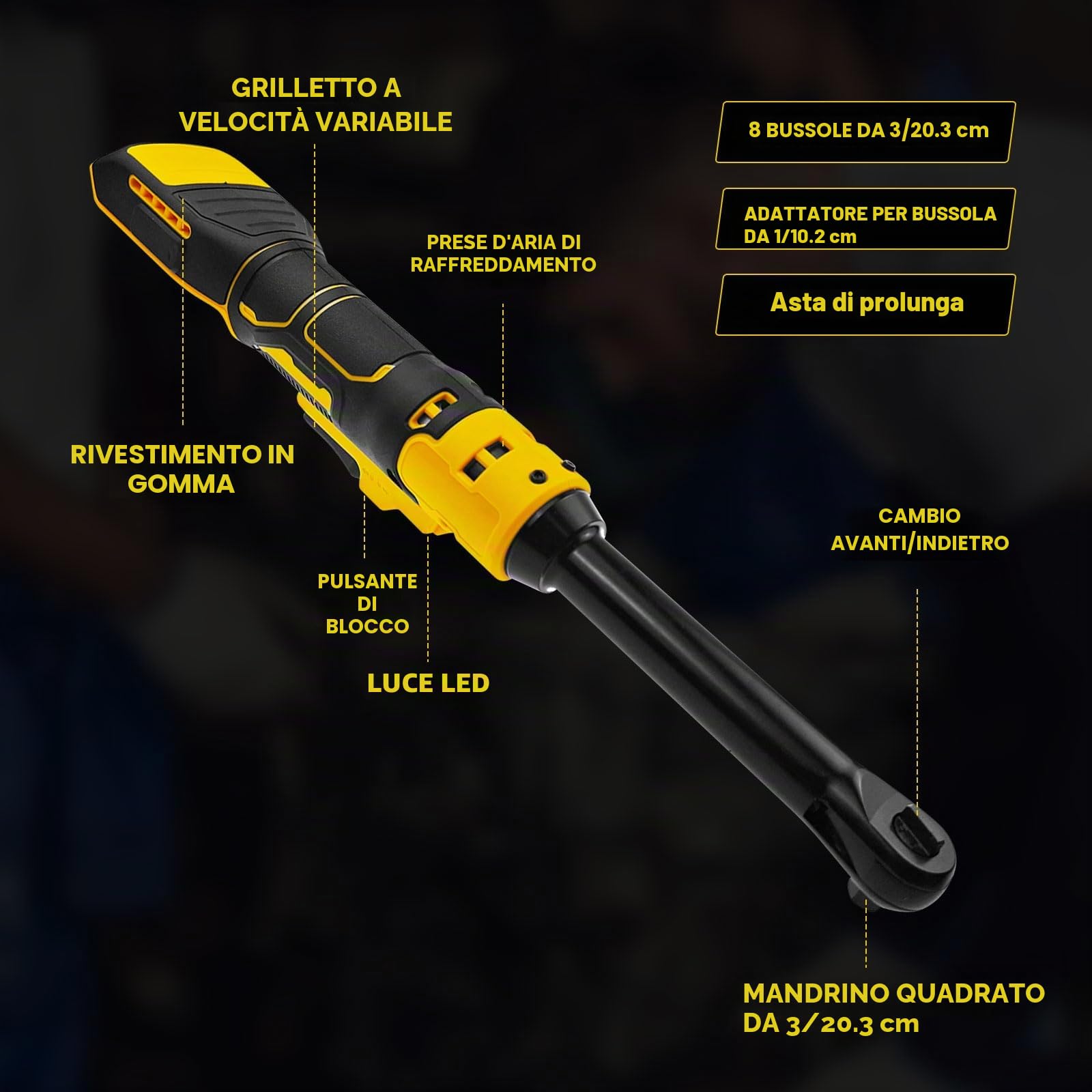 Chiave a cricchetto senza fili per DeWalt batteria da 20 V, 3/8", estesa da 16 cm, chiave a cricchetto con luce LED, 600 giri/min, 80 N.m