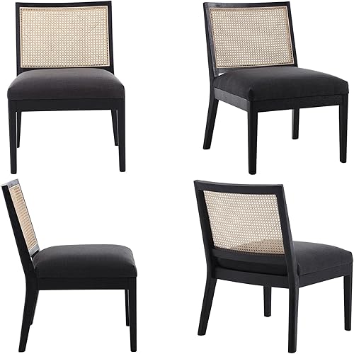 Miniatura 7 de VESCASA Silla decorativa tapizada con respaldo cuadrado de ratán, silla sin brazos con asiento acolchado para sala de estar, lino carbón con patas