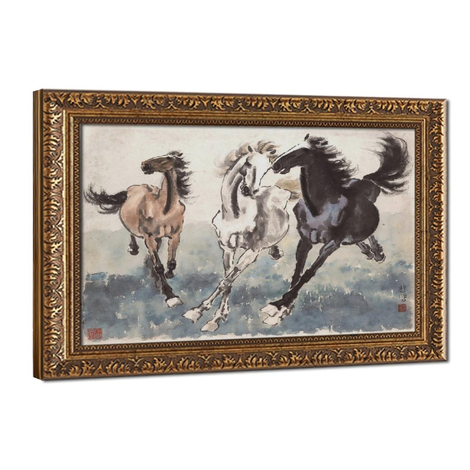 WCYB Three Galloping Horses by Xu Beihong Posters Prints Canvas Deco Paintings Wall Art Hangable Frame 8" L X 12" W
