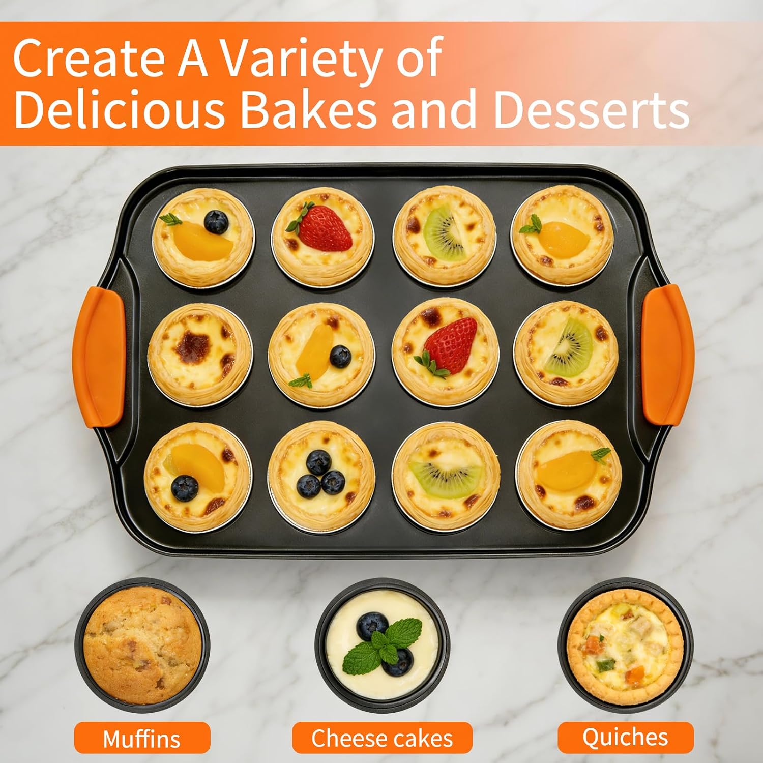 2 Pack Mini Cheesecake Pans, 12 Cavity Small Muffin Tray with Silicone Grip Handles Nonslip, Removable Bottom Cupcake Baking Supplies for Kitchen