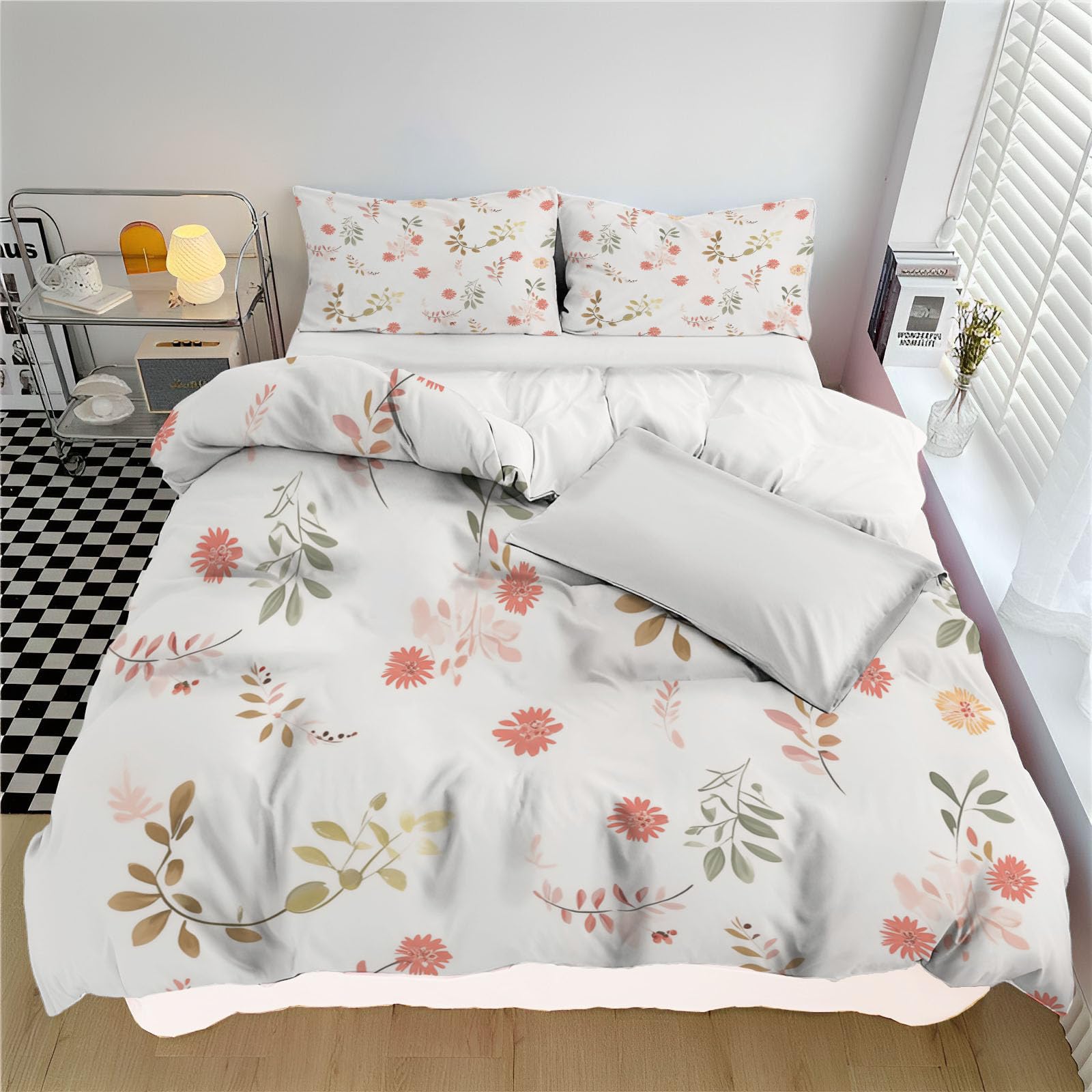 Modèle petites fleurs et feuilles ensemble literie blanc cassé 140x200cm moderne