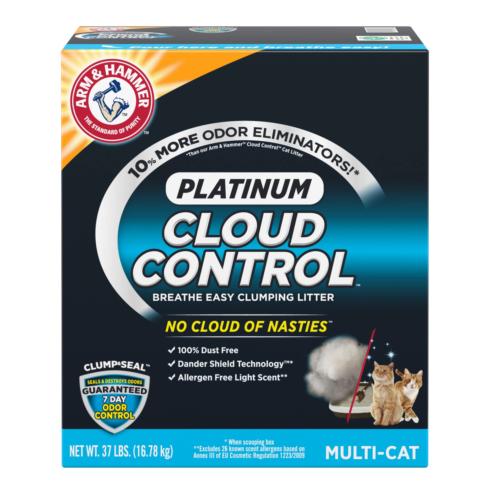 Arm & Hammer Cloud Control Platinum Multi-Cat Clumping Cat Litter with Hypoallergenic Light Scent, 14 Days of Odor Control, 37 lbs