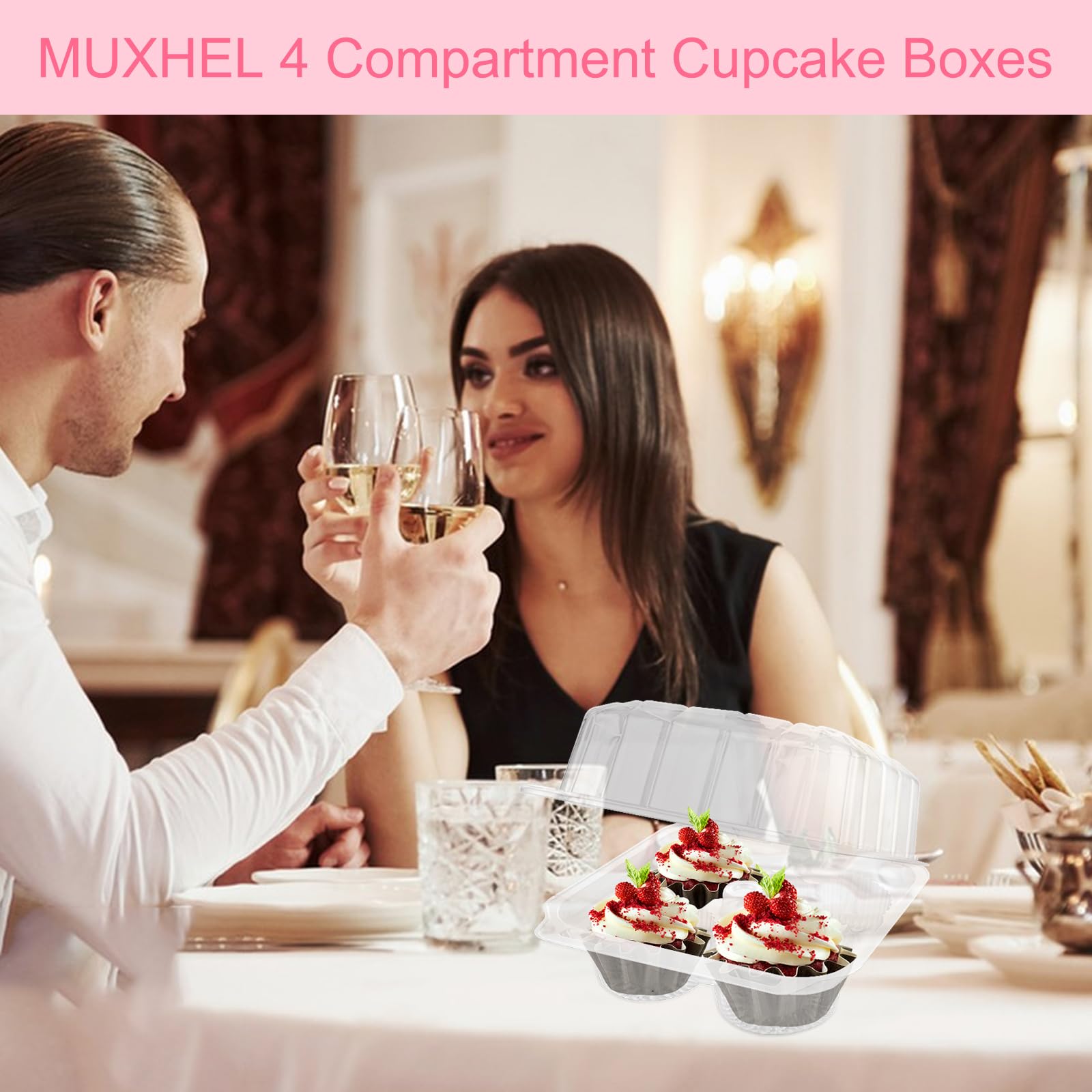 Lot de 50 boîtes à cupcakes empilables en plastique transparent à 4 compartiments, 17 x 17 x 12 cm de profondeur