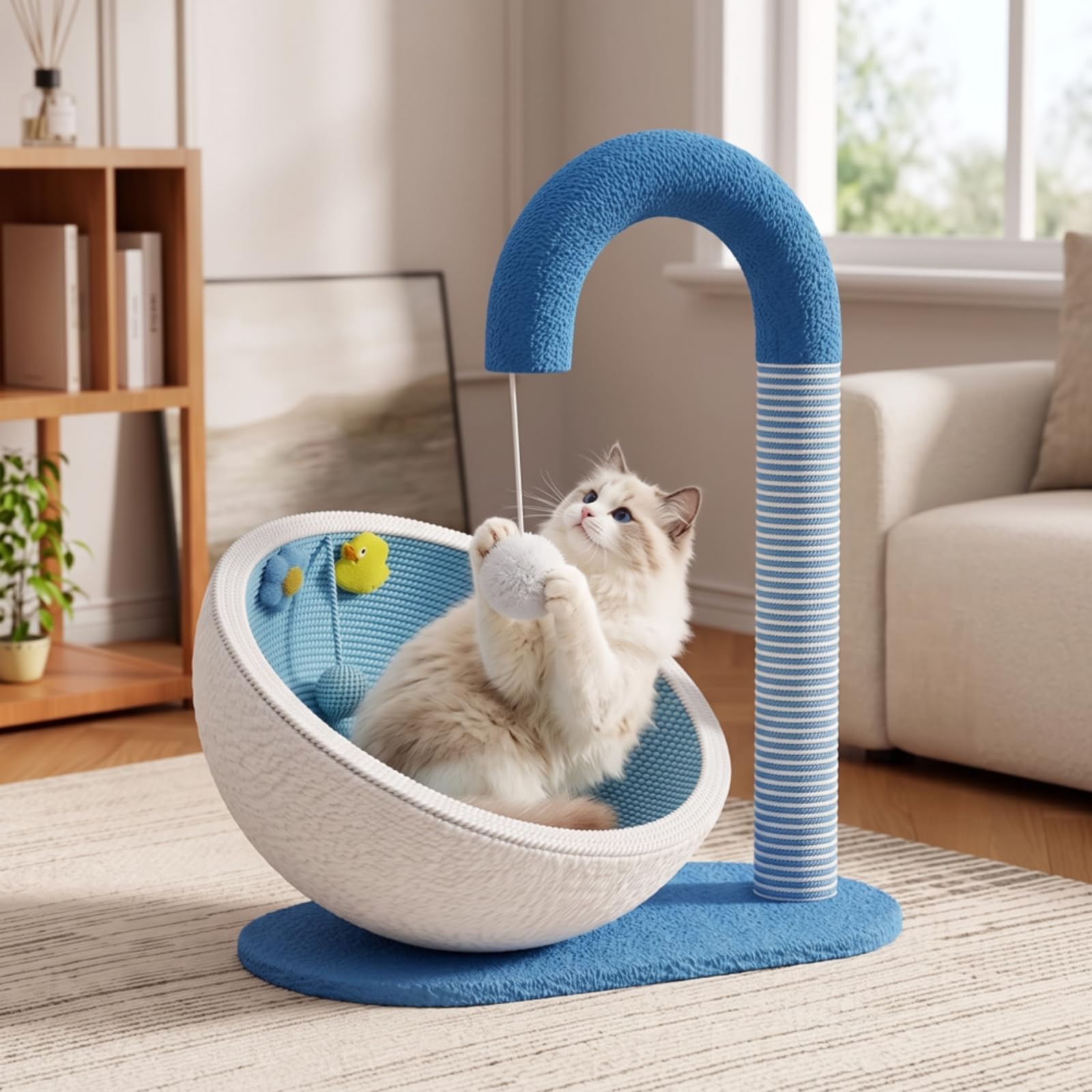 Cuccia Tiragraffi da Interno con Giochi Stabile per Gatti, Stile Carino, Tiragraffi Con Nido Per Gatti Integrato, Colore Blu