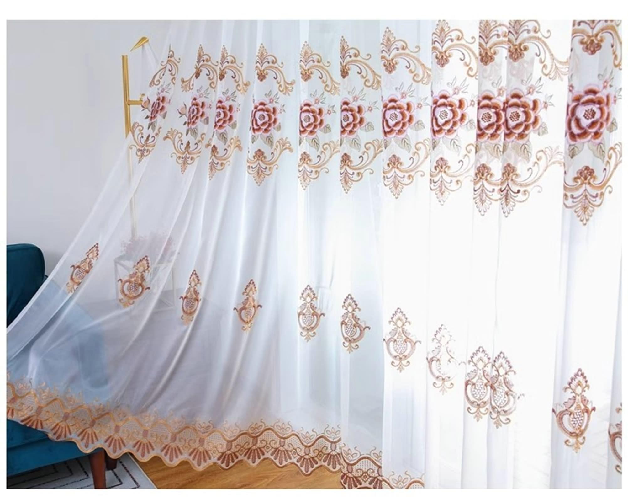 Curtains Transparent, Rideau Exterieur Voilage Blanc Brun Pivoine Brodée Polyester 2 Panneaux 107W x 229L cm