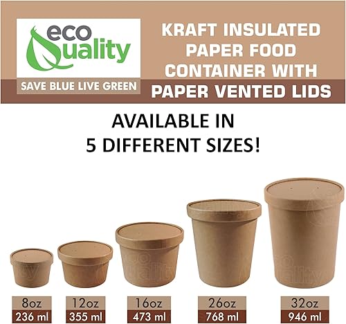 Miniatura 2 de EcoQuality [Paquete de 75] Contenedores desechables de papel kraft para sopa de 32 onzas con tapas ventiladas, recipientes de helado de cuarto de