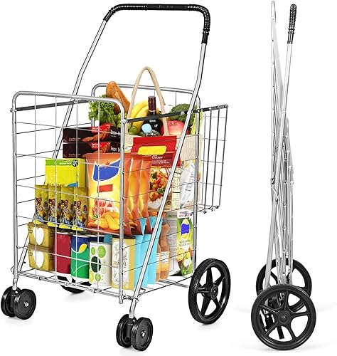 Miniatura 10 de COSTWAY Carrito de compras plegable, carrito de comestibles de metal con cesta adicional, ruedas delanteras giratorias de 360 y mango cómodo,
