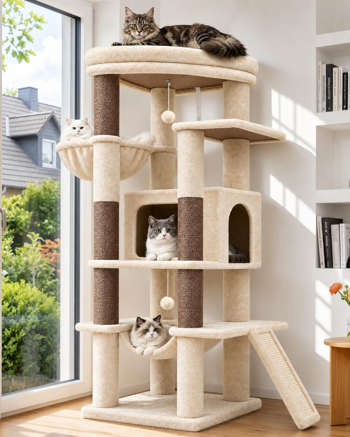 Globlazer Árbol Rascador Beige Estable con Inmenso Acolchada Plataforma 48*48CM, Grande Nido, Hamaca, Pendiente de Sisal, Cesta, Árbol Rascador 143 cm para Múltiple Gatos Adulto Interior (S56, Beige)